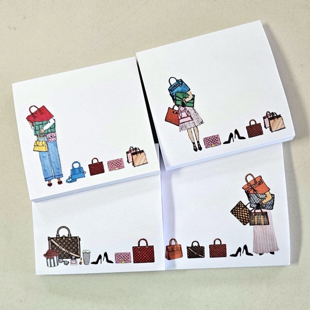 x4 NWT Fashion Post It Sticky Notes Hand Drawn Sketches Handbag Purse Stationery